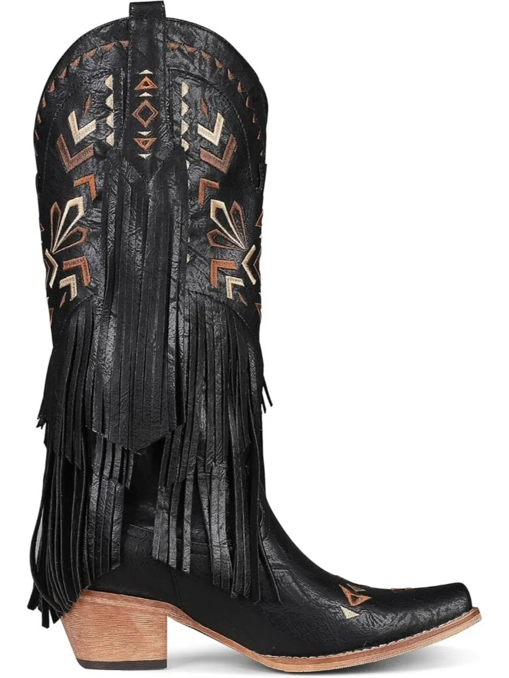 Women's Black Cowgirl Knee High Fringe Boots Rubber Fleece Microfiber